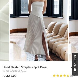 Solid Pleated Strapless Split Dress